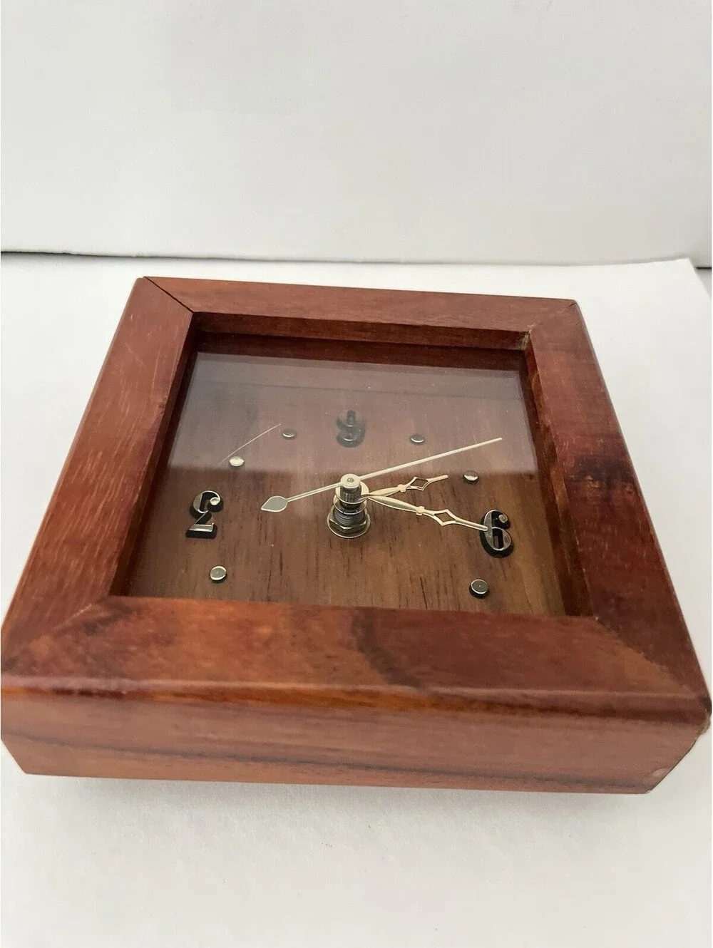 Vintage Mid-Century Teak Wood Desk Clock Minimalist Style Desk Top 5”